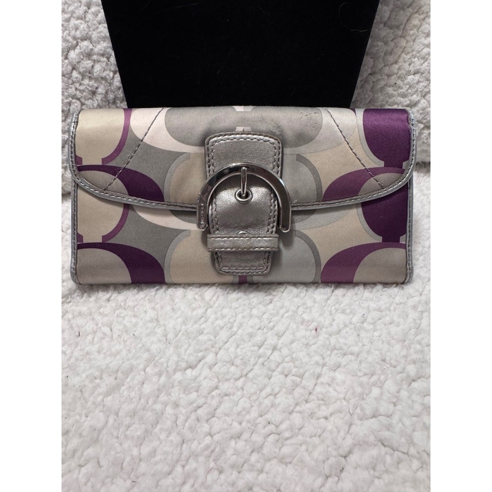 Coach Signature Optic Sateen Slim Envelope Wallet Purple Silver Buckle Flap